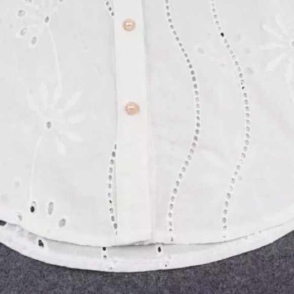 SOLD OUT White Boho Floral Eyelet Button Up Blouse - Picture 12 of 15